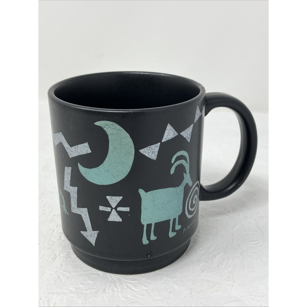 P Moats Black "Old West" Coffee Mug Southwestern Aztec signed Black Aqua Silver